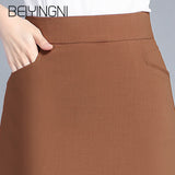 Yipinpay Office Lady Skirts Black Pockets Elastic High Waist Skirt OL Korean Casual Slim Work Wear Midi Skirts Fashion Clothing