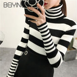 Yipinpay White Black Striped Sweaters for Women Harajuku Vintage Friends Knit Turtleneck Pullover Female Autumn High Street Top