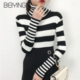 Yipinpay White Black Striped Sweaters for Women Harajuku Vintage Friends Knit Turtleneck Pullover Female Autumn High Street Top