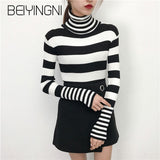 Yipinpay White Black Striped Sweaters for Women Harajuku Vintage Friends Knit Turtleneck Pullover Female Autumn High Street Top