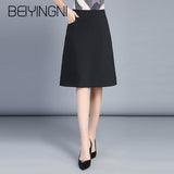 Yipinpay Office Lady Skirts Black Pockets Elastic High Waist Skirt OL Korean Casual Slim Work Wear Midi Skirts Fashion Clothing