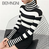 Yipinpay White Black Striped Sweaters for Women Harajuku Vintage Friends Knit Turtleneck Pullover Female Autumn High Street Top