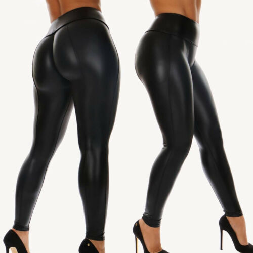 Yipinpay Women Black Wet Look Faux Leather Moto PU High Waist Legging Clubwear  Pants Slim Push Up Long Ladies Sex Skinny Leggings