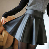 Yipinpay Women Faux Leather Vintage Skirts Elastic High Waist Skater Flared Pleated Stretch Mini Skirt