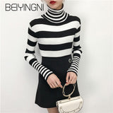 Yipinpay White Black Striped Sweaters for Women Harajuku Vintage Friends Knit Turtleneck Pullover Female Autumn High Street Top