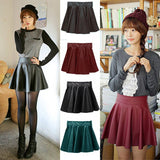 Yipinpay Women Faux Leather Vintage Skirts Elastic High Waist Skater Flared Pleated Stretch Mini Skirt