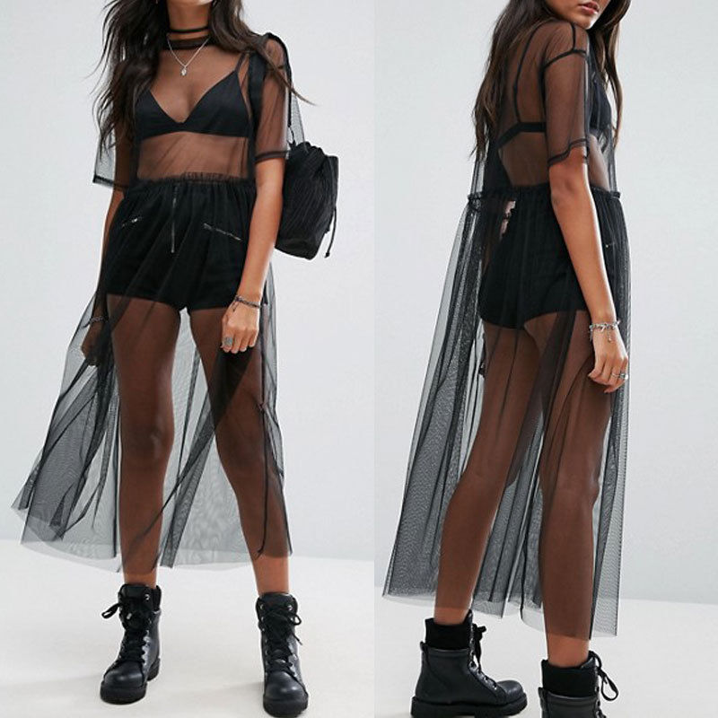 Yipinpay Summer Volie Mesh Dresses Women See Through Black Gauze Mesh Sundress Half Sleeve Lace Sexy Outwear 1-Piece Summer