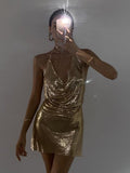 Yipinpay Gold Sequins Diamonds Sexy Night Party Dress Women Sleeveless Halter Backless Mini Dresses Femme Clubwear V-Neck Vestidos