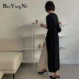 Yipinpay Stylish French Midi Dress for Women Patchwork Belted Casual Long Sleeve Knitted Women's Pleated Dress Sweater Dresses