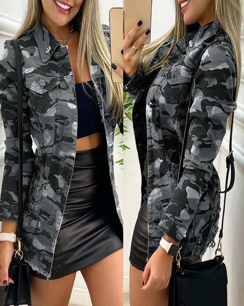 Yipinpay New Style Long-sleeved Cardigan Camouflage Print Button Pocket Design Coat