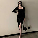 Yipinpay Velvet Long Dress Women Elegant Vintage Square Collar Long Sleeve Dress Korean Sexy Casual Evening Party Dress 2023 Autumn