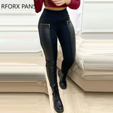 Yipinpay Women Solid High Waist PU Leather Contrast Zipper Design High Waist Skinny Pants  Casual Pants Fashion Pants