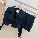 Yipinpay Vintage Long Sleeve Lapel Double-breasted Trench Coat Women Short Khaki Cardigan Tops Sexy Black Mini Skirts Dress Sets Suits