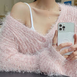 Yipinpay Autumn Sweet Sexy V Neck Mohair Pink Knitted Sweater Crop Long Sleeve Cardigan Temperament Elegant All-match Solid