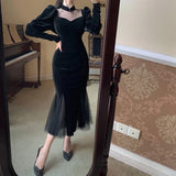 Yipinpay Mesh Velvet Black Long Dress Women Vintage Gothic Slim Party Dresses Female Winter Sexy Split Hollow Christmas Dress New