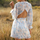 Yipinpay Elegant Women Flowers Chffion Dress Autumn Spring Office Lady Long Sleeve Deep V-neck Layers A-line Dress Backless