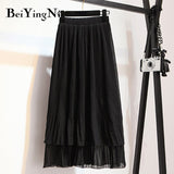 Yipinpay Vintage Pleated Skirt Women Ruffles Lining Chiffon Patchwork Black Casual Midi Skirts Long Korean Saias Mujer Faldas