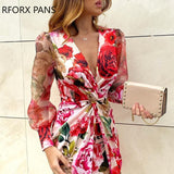 Yipinpay Floral Print Twisted Waist Midi Dress Elegant Night Out Bodycon Party Dress
