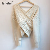 Yipinpay Off Shoulder Sexy V-neck Cross Loose Twist Patchwork Sweaters Solid Color Long Sleeve Knitted Pullovers Autumn Spring 2023