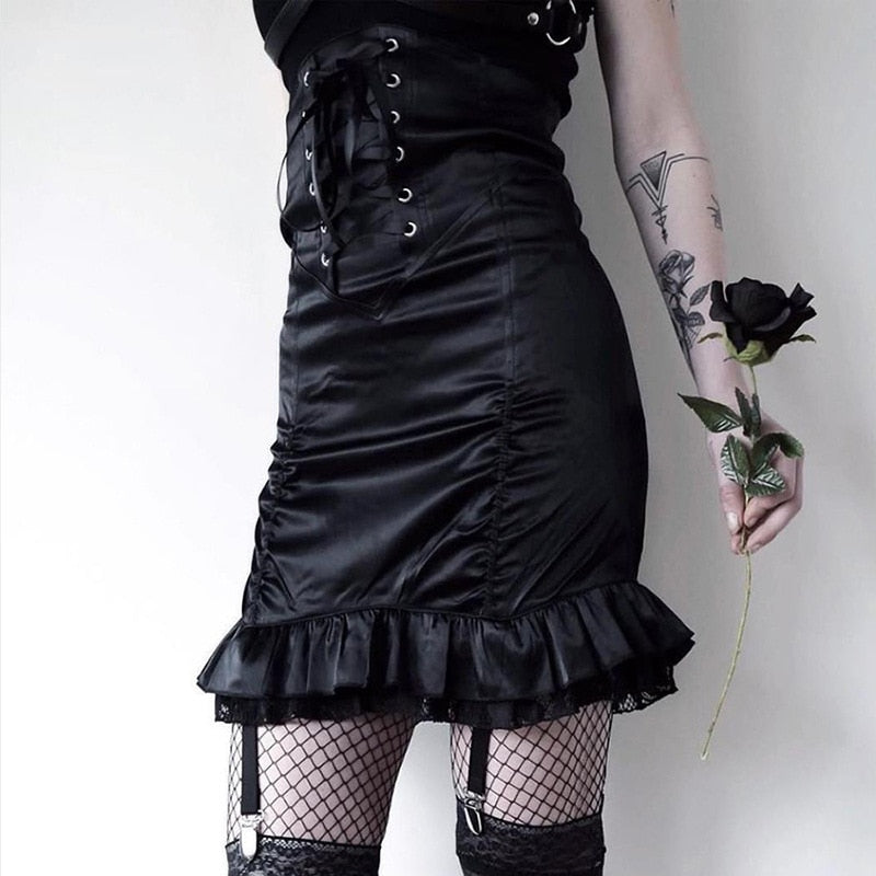 Yipinpay Women Black Bodycon Pencil Skirts Gothic Punk High Waist Bandage Skirts Fishtail Ruffles Hip Skirt Saias Femininas Elegant Skirt