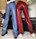 Yipinpay Vintage Faux Leather Pants Women High Waist Button Straight-Leg Trousers Streetwear Grunge Punk Style Female Pants