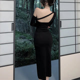 Yipinpay Black Dress Women Elegant Split Backless Off Shoulder Party Dress Korean Vintage High Waist Irregular Casual Dress 2023 New