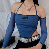 yipinpay Ribbed Anomalistic Hem Halter Cropped Tops With Mesh Long Sleeve E-Girl Backless Lace Up Tanks Streetwear 90s