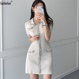 Yipinpay Collar Knitted button mini dress sexy summer 2023 short Sleeve robe dresses vintage Sheath jurk women
