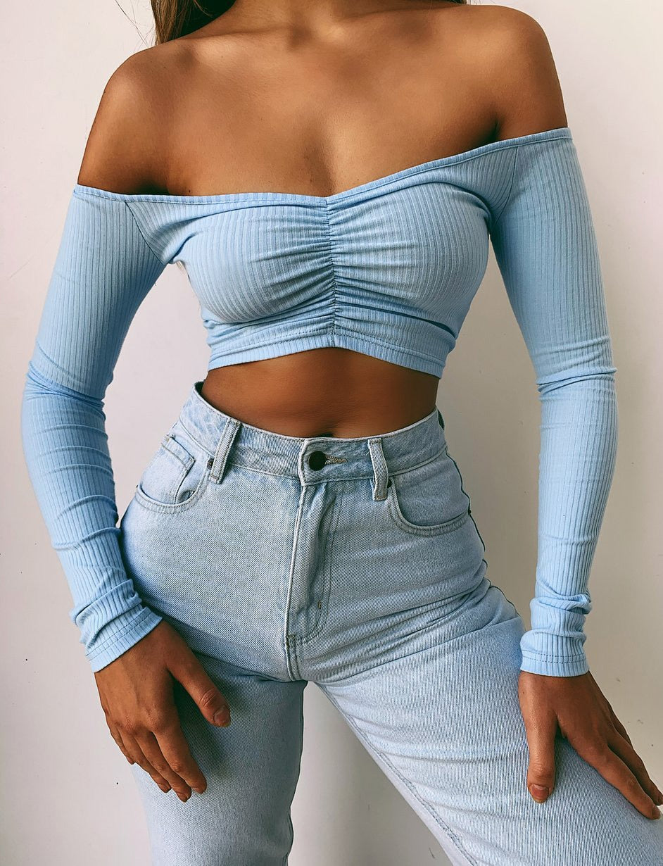 Yipinpay New Off Shoulder Long Sleeve Tops Women Solid Ribbed T-shirt Casual Slim Slash Neck Bandeau Crop Tops Female Chic Tees
