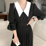 Yipinpay Chic Autumn Slim Patchwork Contrast Lapel Long Sleeve Pleated Dress Women Black Retro Elegant Sexy Vestido Feminino