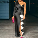 Yipinpay Women Solid Elegant Cascading Ruffles One Shoulder High Silt Maxi Bodycon Formal Party Sexy Black Dress