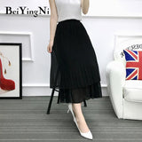 Yipinpay Vintage Pleated Skirt Women Ruffles Lining Chiffon Patchwork Black Casual Midi Skirts Long Korean Saias Mujer Faldas