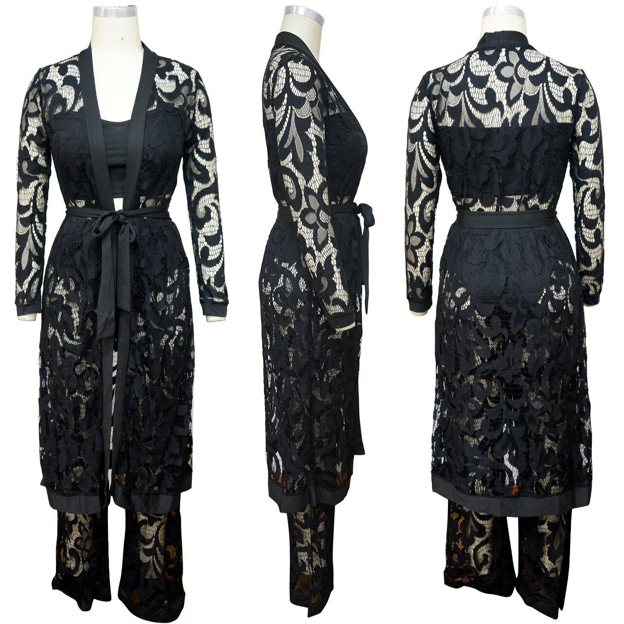 Yipinpay MO Floral Lace Sexy Bodycon Jumpsuit Women Rompers 3 Piece Set Autumn Winter Strap Sashes Long Playsuit Casual Overalls