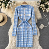 Yipinpay Button Knitted Dress Mini Sexy Bodycon Fall Vestidos Vintage Elegant Korean Long Sleeve Winter Short Blue Robe Femme