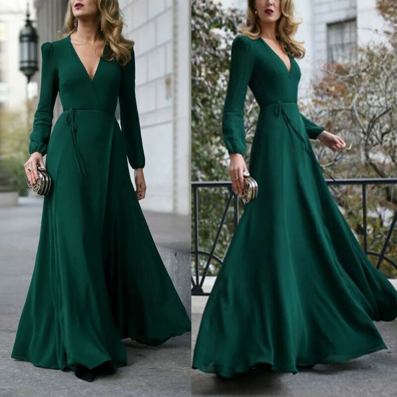 Yipinpay Women Sexy Formal Maxi Dress V Neck Long Sleeve Solid color Bandage Office Ladies Evening Party Prom Gown