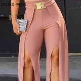Yipinpay Women Solid Long Slit Pants With Belt Sexy Casual Pants Fashion Pants