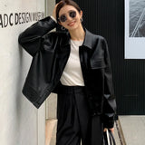 Yipinpay Cropped Leather Jacket Women Korean High Street Leather Blazers Women Vintage Streetwear Moto Bike Jacket Autumn 2023 New