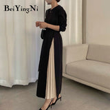 Yipinpay Stylish French Midi Dress for Women Patchwork Belted Casual Long Sleeve Knitted Women's Pleated Dress Sweater Dresses