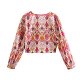 Yipinpay 2023 Knot Floral Top Women Vintage Print Crop Top Female Long Puff Sleeve Summer Blouses Fashion Beach Chic Woman Blouse