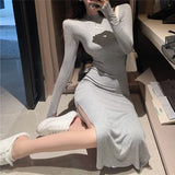 Yipinpay Blue O Neck Long Sleeve Cotton Dress Women Wrap Hip Tight Sexy Side Split Black Grey Vestido De Mujer Bottom Casual