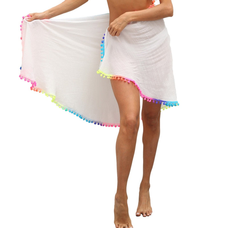 Yipinpay Women Beach Sarongs, Sexy Sheer Mesh Swimsuit Wrap Skirt Bikini Cover Up with Colorful Pompom Tassel Summer 2023