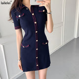 Yipinpay Collar Knitted button mini dress sexy summer 2023 short Sleeve robe dresses vintage Sheath jurk women
