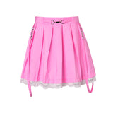 Yipinpay Women Skirts 2023 New Straps Decor Harakuju Lolita High Waist Mini Pleated Skirt School Girls Lace Hem Cute Streetwear