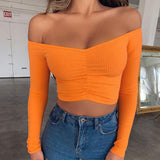 Yipinpay New Off Shoulder Long Sleeve Tops Women Solid Ribbed T-shirt Casual Slim Slash Neck Bandeau Crop Tops Female Chic Tees