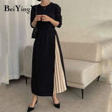 Yipinpay Stylish French Midi Dress for Women Patchwork Belted Casual Long Sleeve Knitted Women's Pleated Dress Sweater Dresses