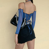 yipinpay Ribbed Anomalistic Hem Halter Cropped Tops With Mesh Long Sleeve E-Girl Backless Lace Up Tanks Streetwear 90s