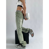 yipinpay Women&#39;s Green Jeans Vintage Washed Multiple Pockets Wide Leg Pants Casual Street High Waist Baggy Denim Trouser Ladies Summer