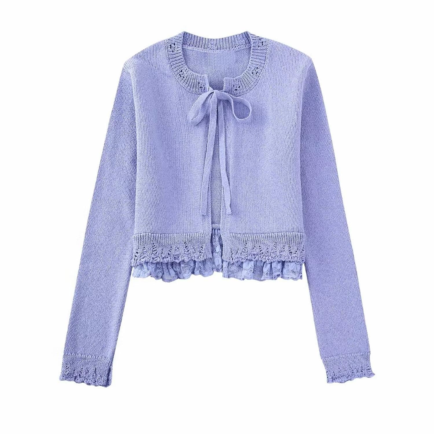 Yipinpay New Women Lace Solid Knitted Sweater Coats 2023 Vintage Single Breasted Cardigan Tops Long Sleeve Sweet Female Bow Top