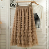 Yipinpay Style Knee Length Skirt For Women 2023 Y2k Elastic Band Fairy Long Skirts Female For Dinner Maxi Tulle Skirt Pink Coffee