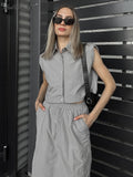 Yipinpay Street Style Women Cargo Skirts Suits Gray Tank Sleeveless Shirts And A-Line Skirts Two Pieces Sets Summer 2023 Lady